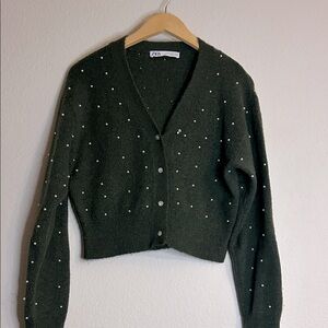 Zara Women's Dark Green Cardigan with White Dots